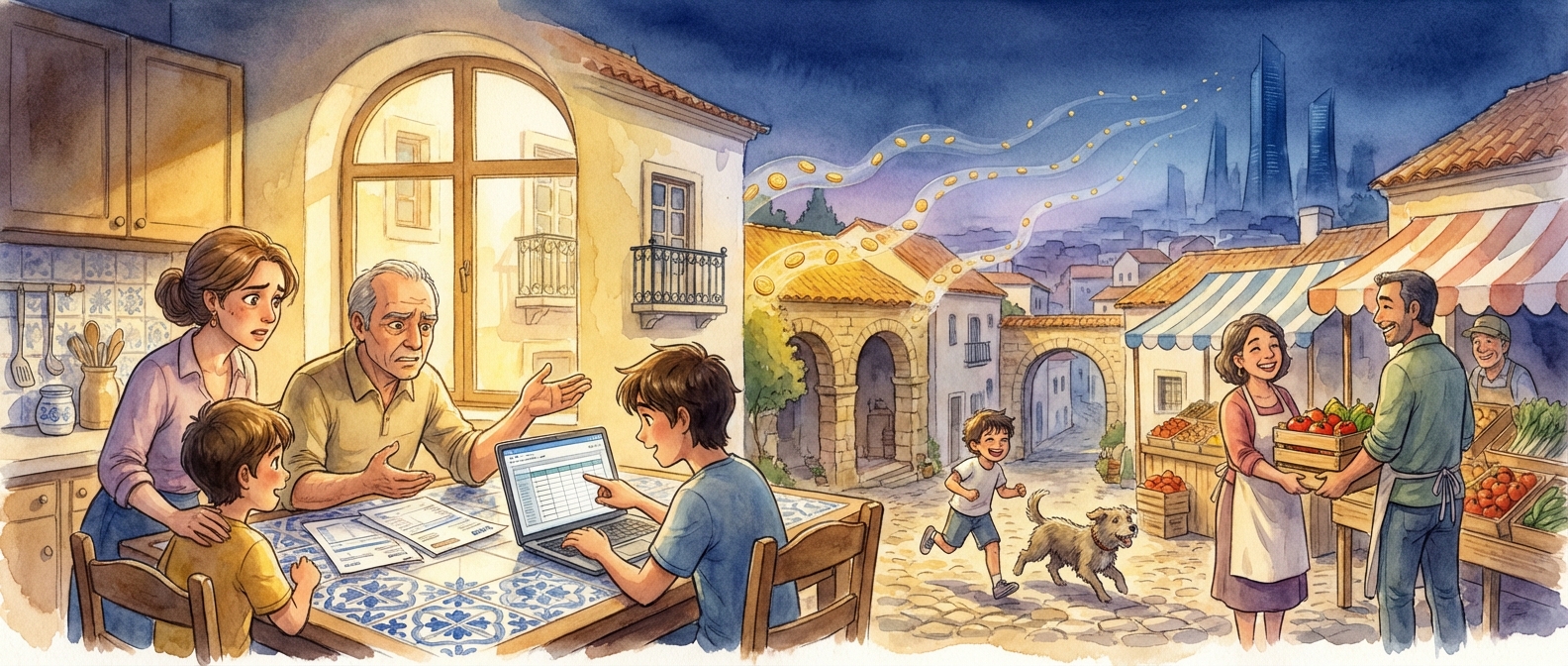 Infraestrutura cívica digital integrada na paisagem tradicional portuguesa — telhados com painéis solares, antenas discretas, pessoas a conversar na praça