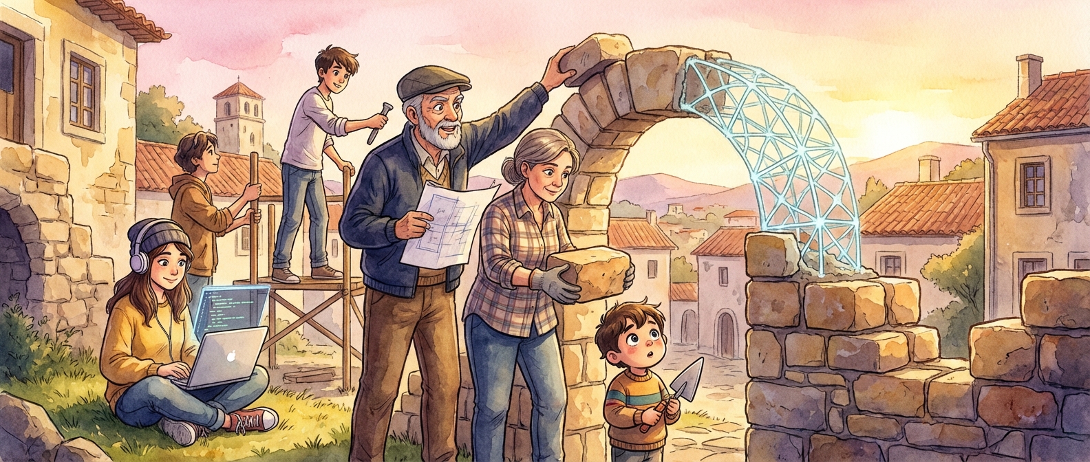 Vizinhos de várias gerações a construir juntos um arco de pedra com uma malha digital brilhante ao pôr-do-sol numa aldeia portuguesa